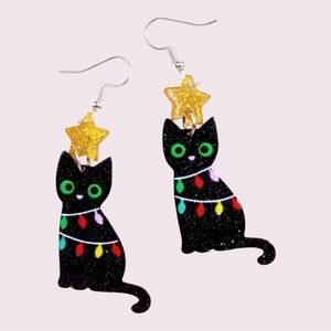 Black Cat Festive Acrylic Dangle Earrings​